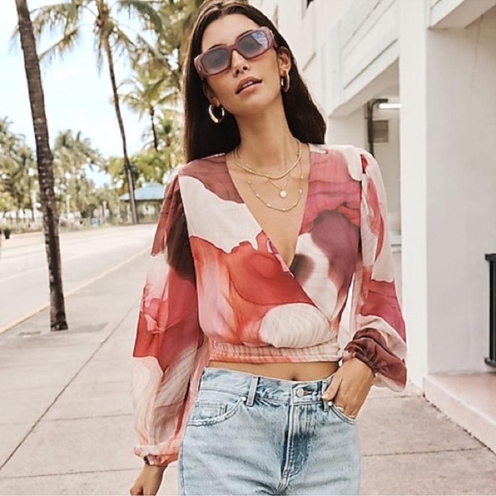 EXPRESS Conscious Edit Printed Faux Wrap Cropped Tie Waist Top